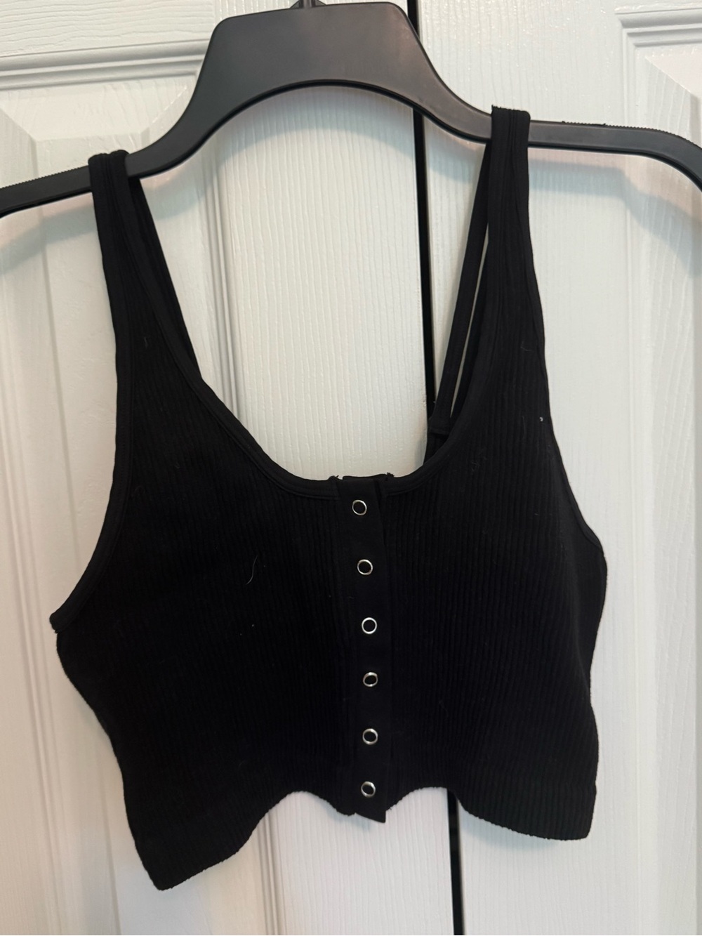 aerie Black Ribbed Snap-Front Crop Top